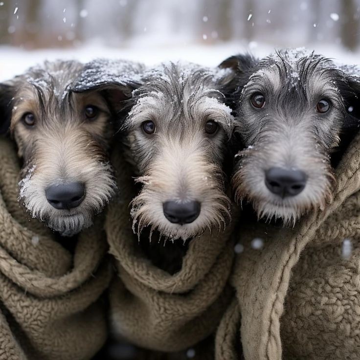Three scruffy dogs wrapped in blankets outdoors with snow falling
