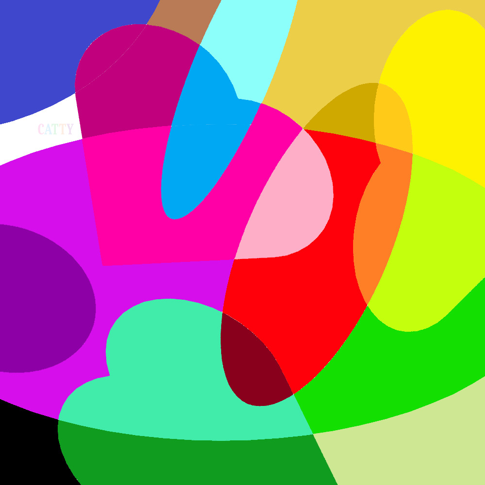 Abstract composition with overlapping curved colorful shapes in bright hues