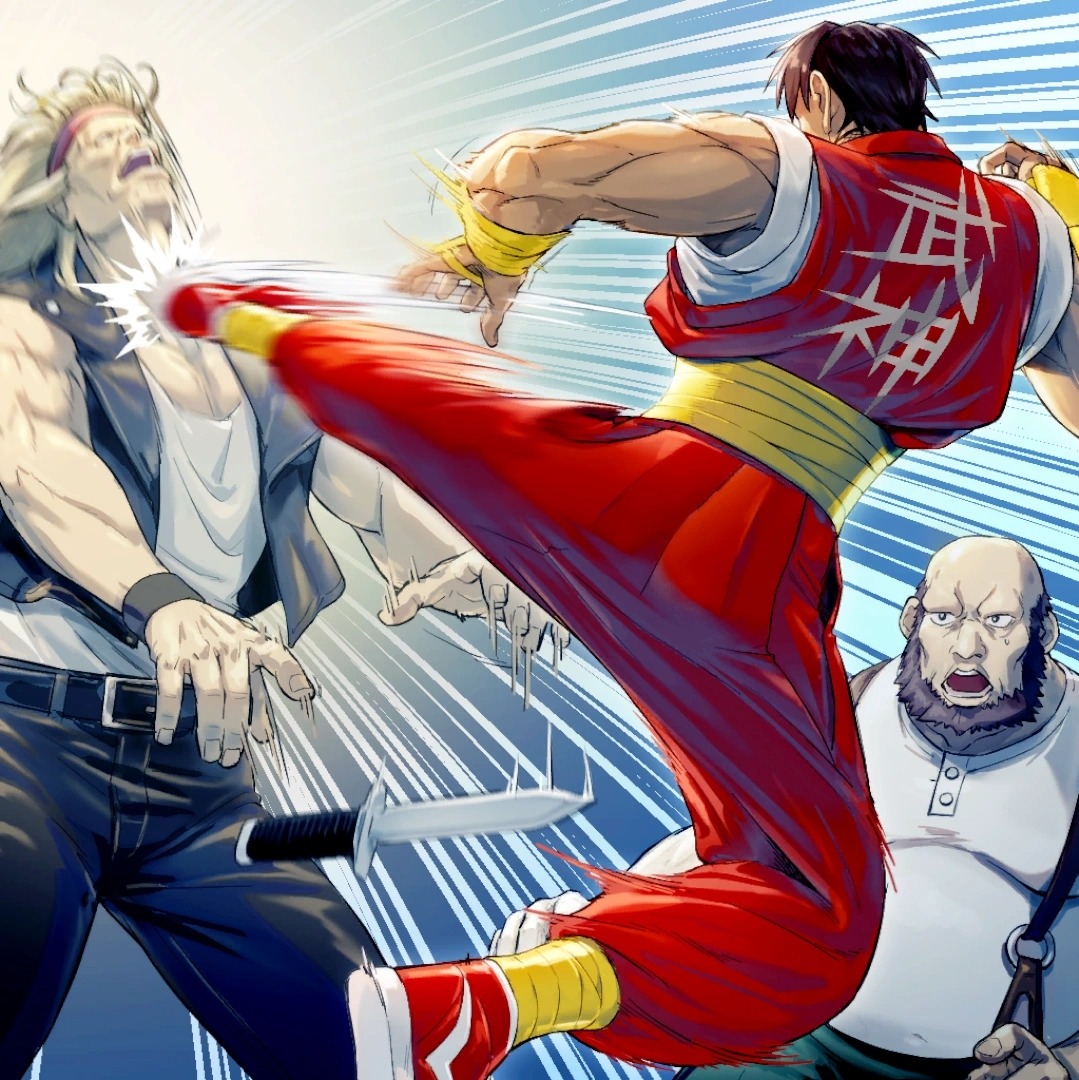 Illustrated martial artist in red performing a flying kick against two men