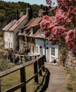 White cottage with red roof on country lane, pink blossoms in foreground, trees behind