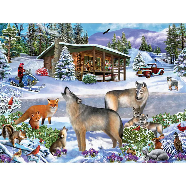 Winter scene with wolves, fox, and wildlife near a log cabin in snowy mountain landscape