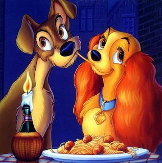 Lady and the Tramp sharing spaghetti by candlelight in classic Disney animation style