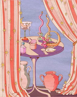 Blonde character having tea at decorative table with striped curtains and pottery in pastel illustration style