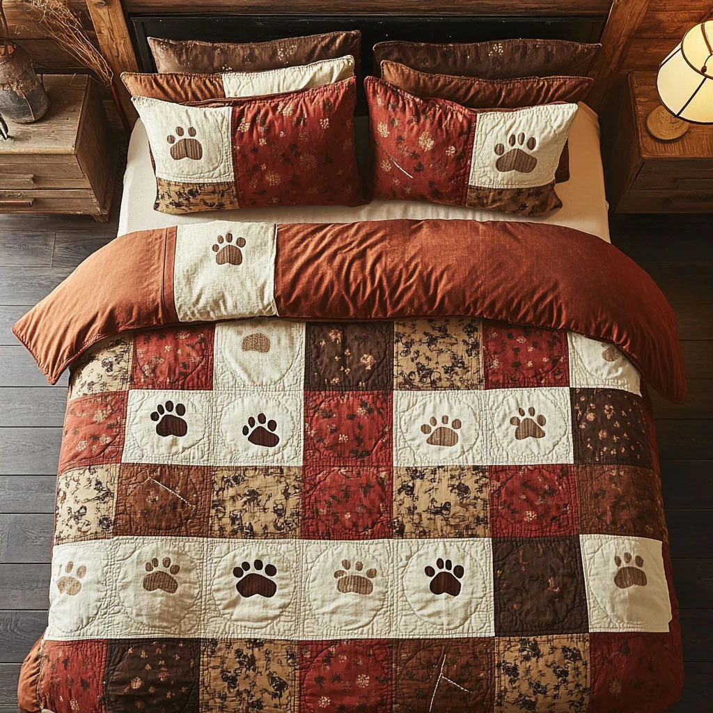 Rustic bedroom with quilted bedding featuring dog paw prints in warm autumn colors