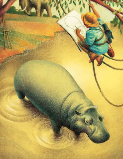 Illustration of a child sketching a hippo in shallow water from above