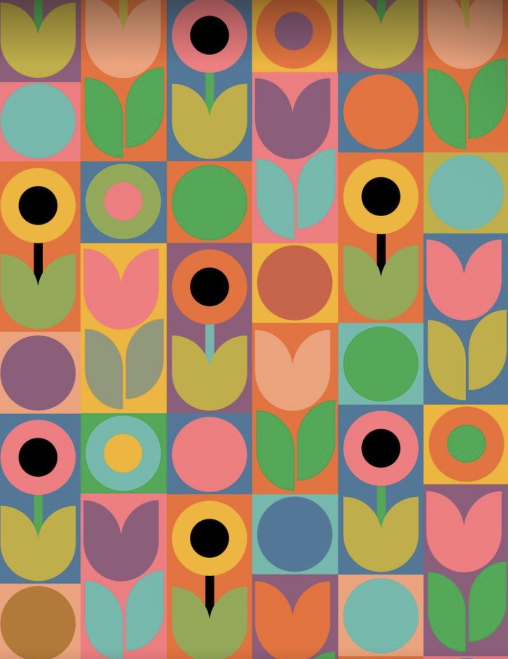 Colorful geometric pattern with stylized flowers and circles in retro mid-century style