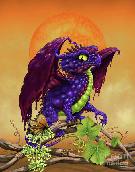 Small fantasy dragon resting among blackberries and leaves