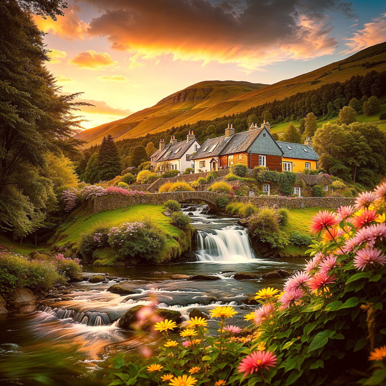 Cottage by a waterfall stream in a mountain valley at sunset with colorful flowers