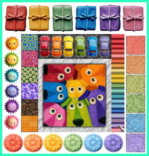 Grid collage with colorful cartoon owls in center, surrounded by patterned tiles, gift boxes, and toy cars