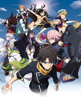 Anime fantasy characters posed together against a blue sky