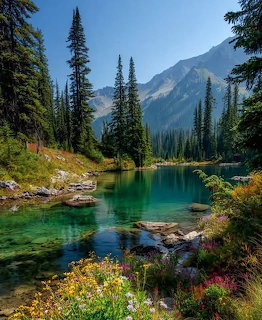 Alpine lake with turquoise water, pine trees, wildflowers and mountains