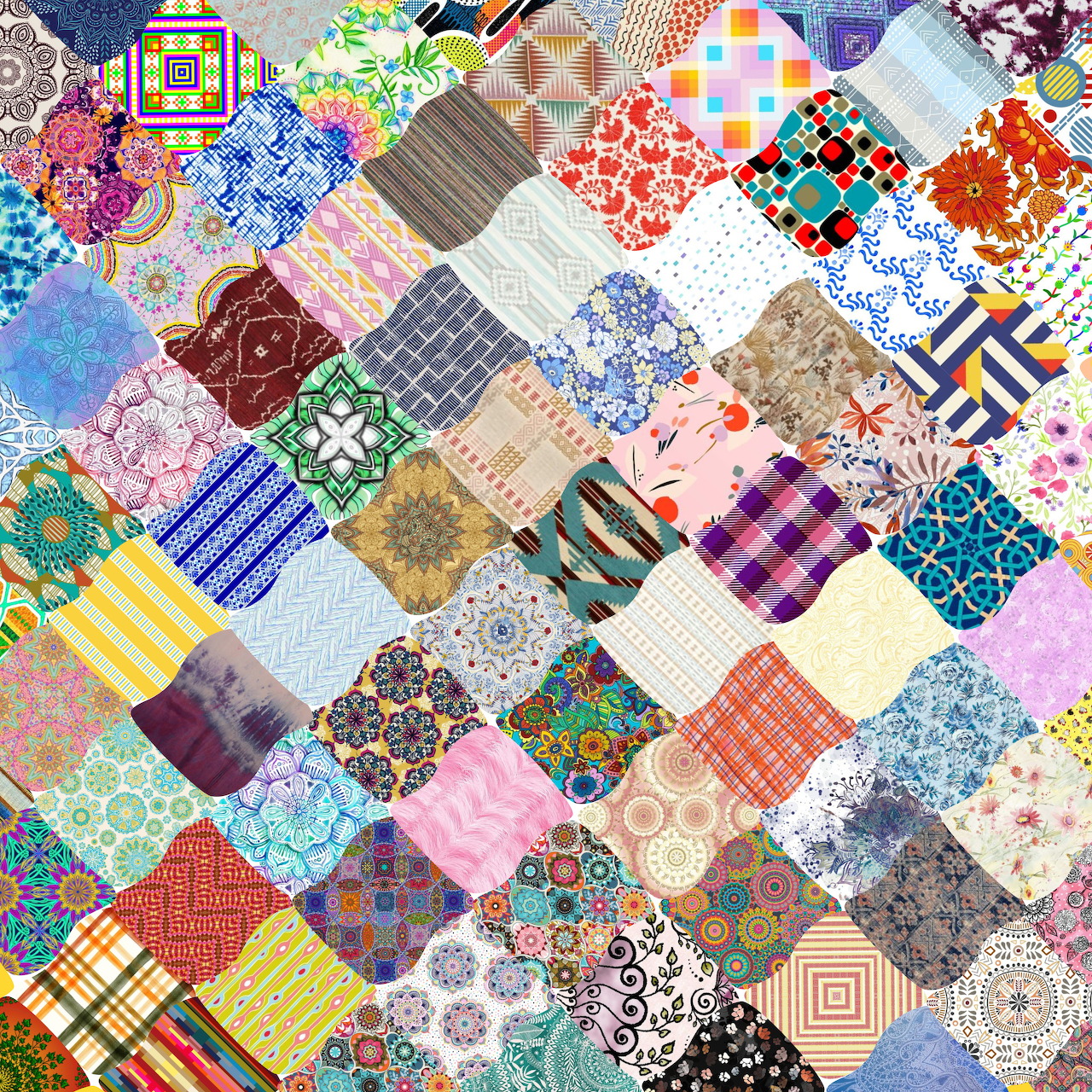 Colorful patchwork quilt with diverse fabric patterns in diamond grid arrangement