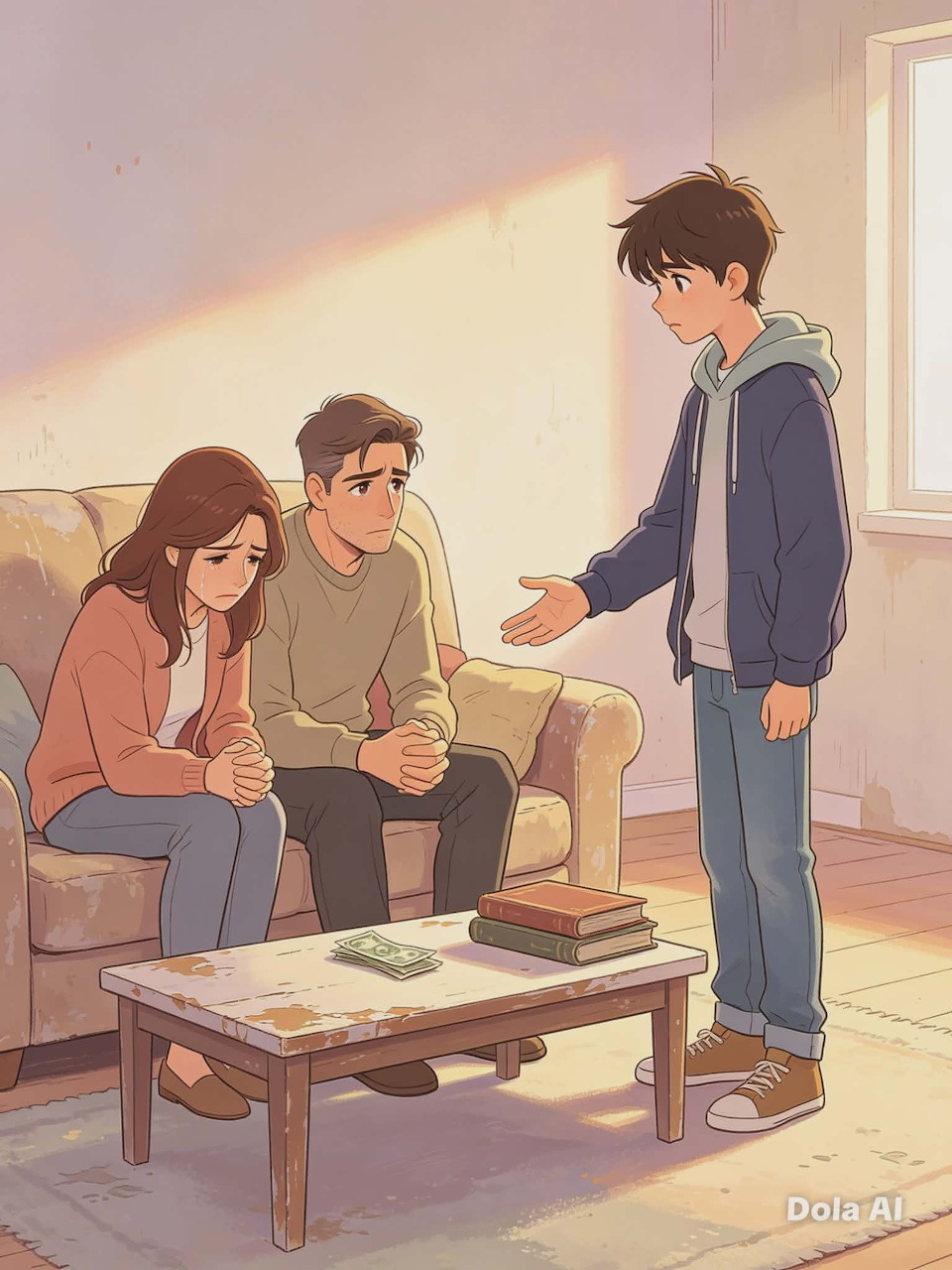 Anime-style young man talking to a seated couple in a sunlit living room