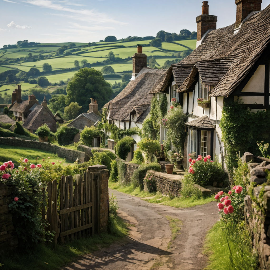 Traditional stone cottages with thatched roofs along a village path with flowering gardens and countryside views