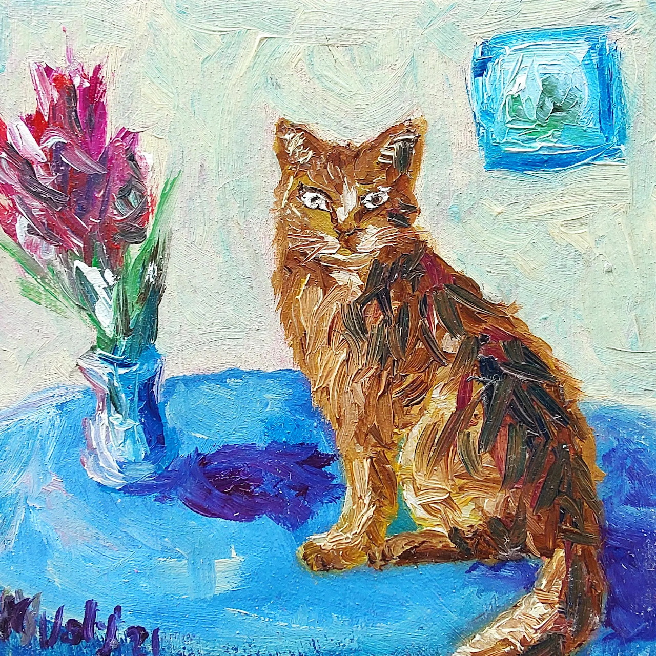 Impressionist painting of orange tabby cat on blue table with flowers in vase