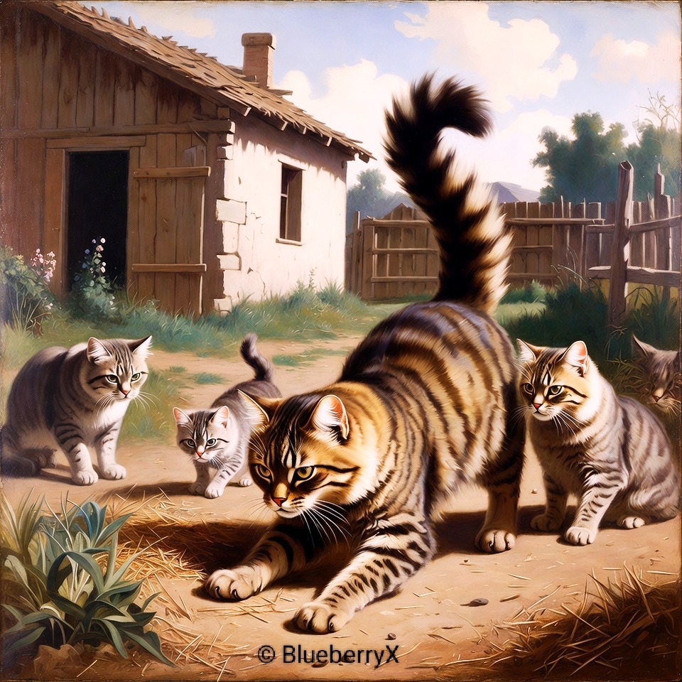 Several striped kittens playing together in a rural farmyard with a wooden barn in the background