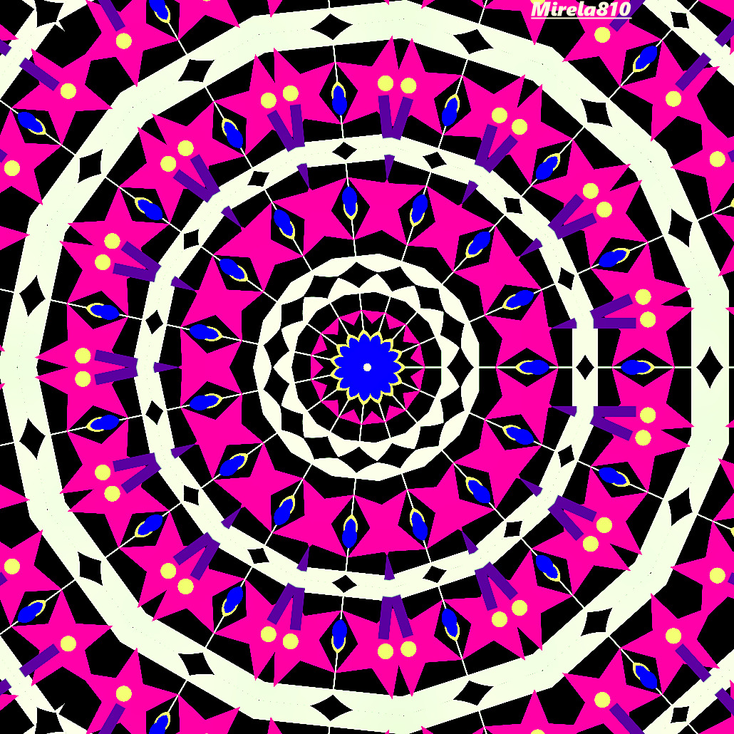 Circular mandala design with vibrant pink, black, white and blue geometric patterns in concentric rings