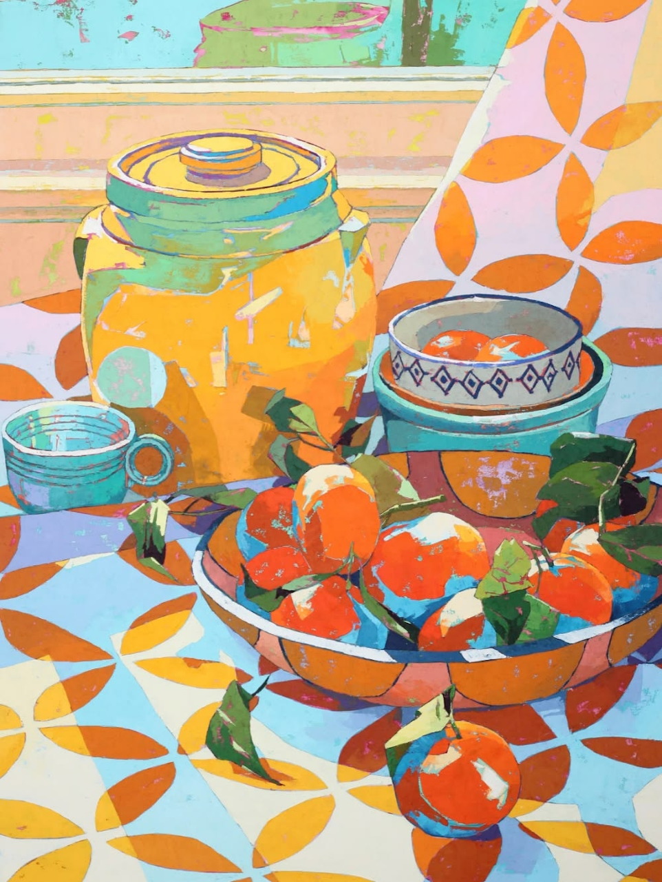 Colorful abstract still life painting with oranges in a bowl, ceramic jars, and geometric patterned background