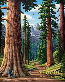 Illustrated forest trail with giant sequoia trees and distant mountains, two hikers at base of massive trunk