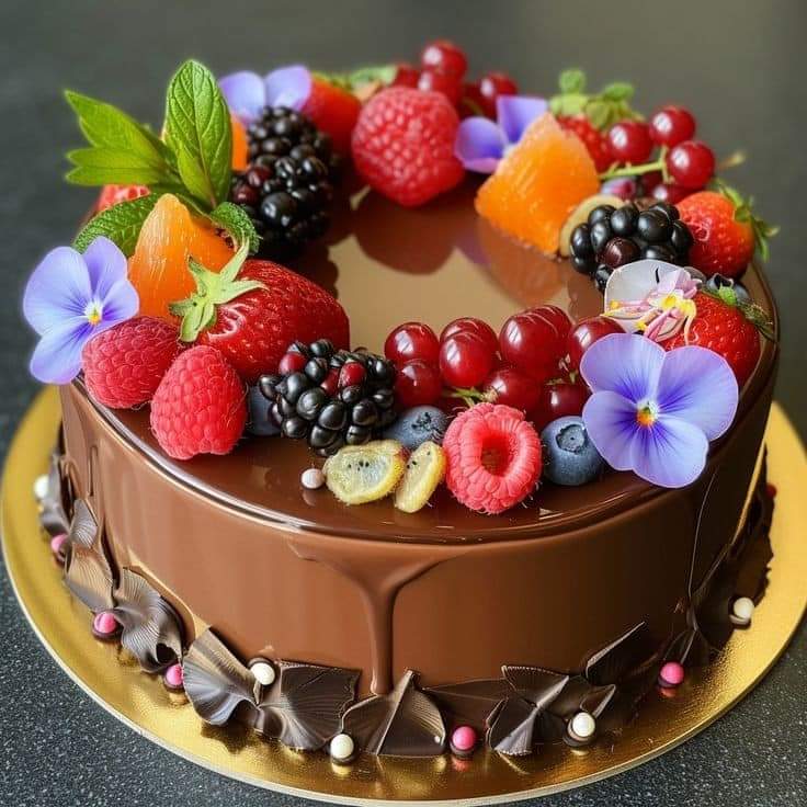 Round chocolate cake topped with mixed berries, edible purple flowers, and nuts with chocolate ganache drip