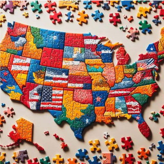 Colorful United States map made of jigsaw puzzle pieces on a white background