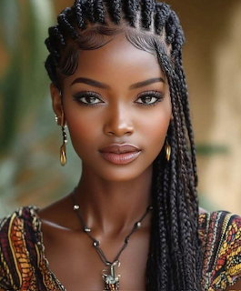 Close-up portrait of a woman with black braided hair, gold earrings, and a colorful patterned top