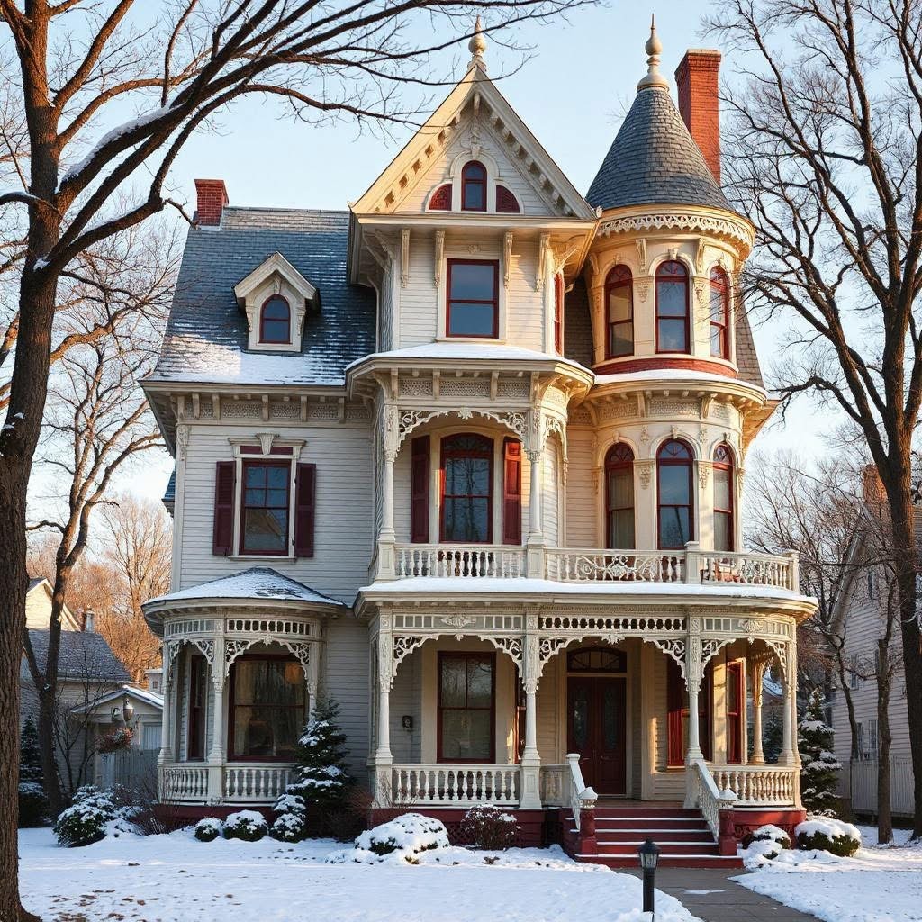 Victorian house with turret, porch, and light snow in winter