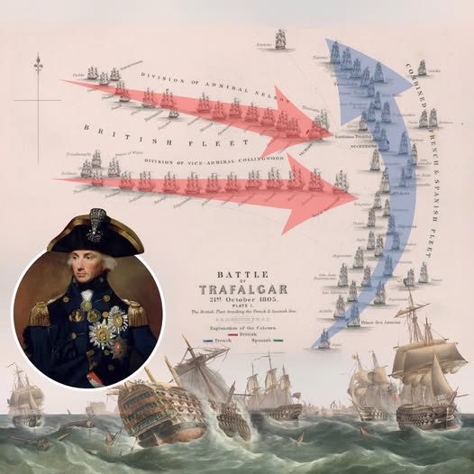 Illustrated Battle of Trafalgar map with red and blue fleet arrows, sailing ships, and Admiral Nelson portrait