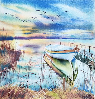 Watercolor painting of a fishing boat by a dock at sunset with reeds and birds over calm water