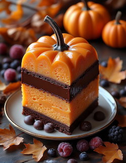 Pumpkin-shaped orange cake slice with chocolate layers on a plate, surrounded by berries and autumn leaves