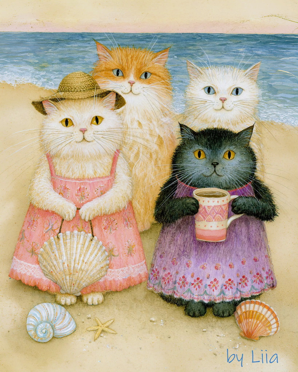 Illustrated cats playing and lounging on a sunny beach by the sea