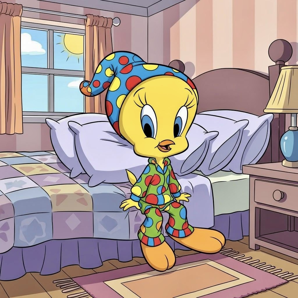 Tweety Bird wearing pajamas and nightcap in bedroom