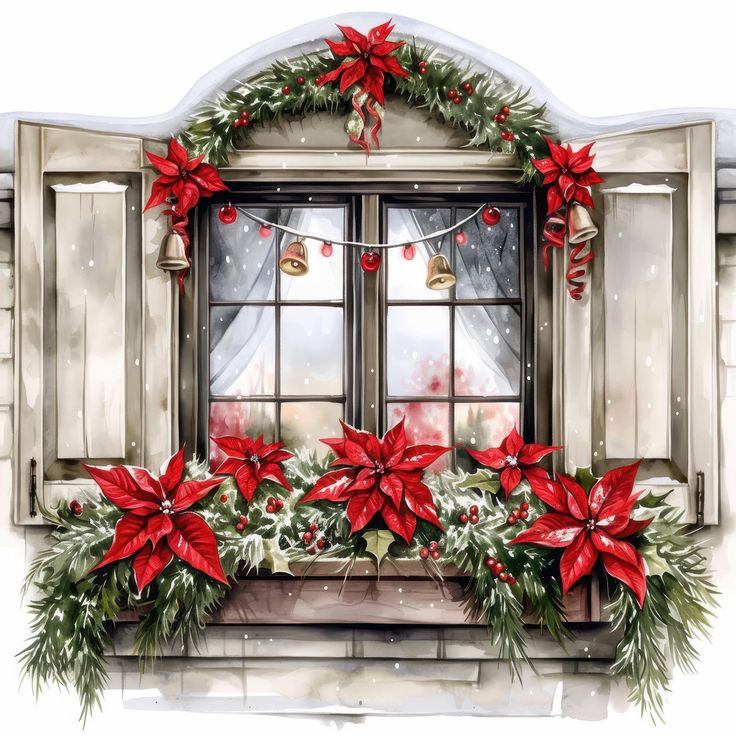 Christmas window decorated with red poinsettias, holly, and pine garland