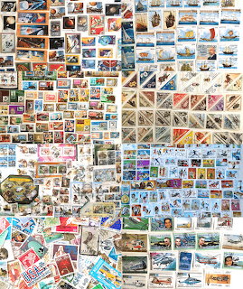 Grid collage of diverse vintage postage stamps with various themes and colors