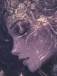 Side profile of woman with flowing hair dissolving into starry cosmic space in purple hues