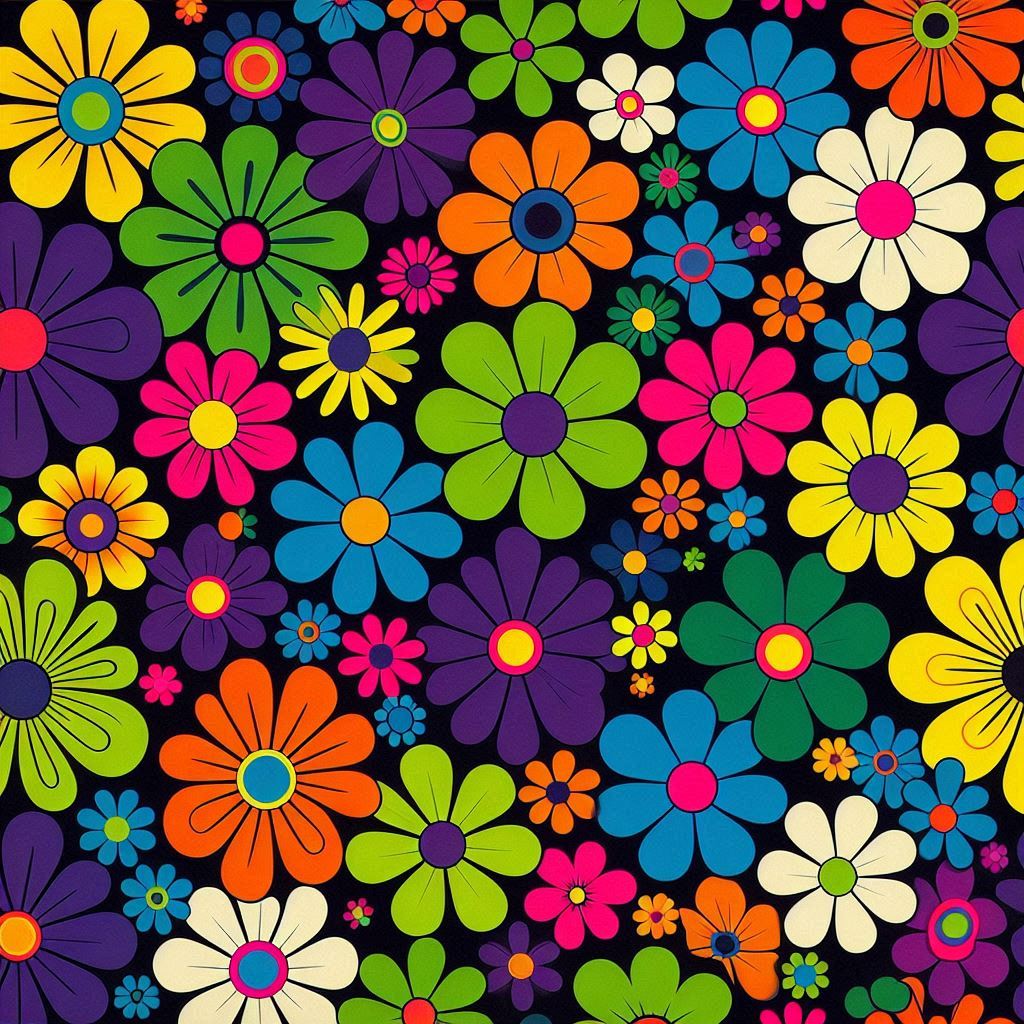 Colorful daisy flowers in a dense floral pattern on a dark background