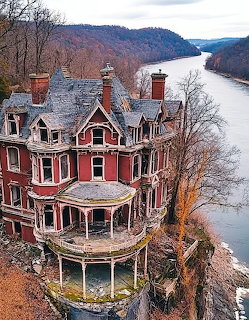 Old red Victorian house on a rocky cliff above a river with bare trees and wooded hills