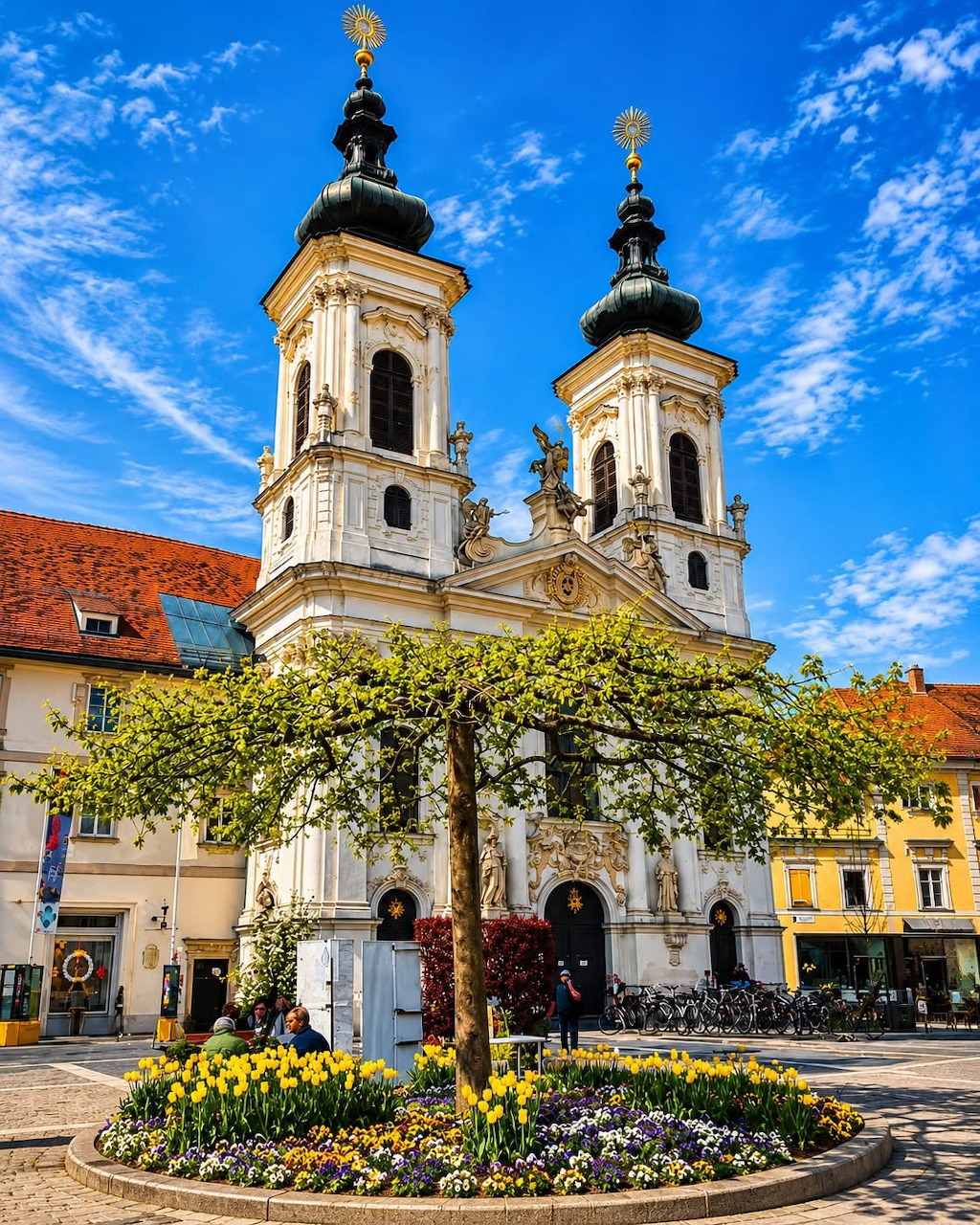 Baroque church with two ornate towers and golden domes in a square with flowering gardens in Graz