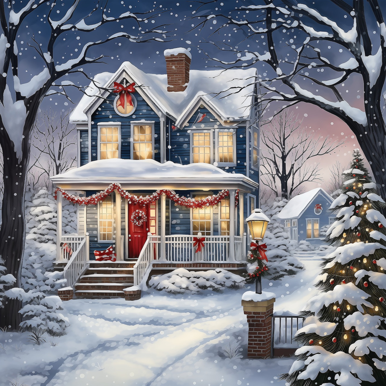 Snowy blue cottage decorated for Christmas with garlands, lights, and a red front door