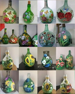 Collage of painted glass bottles with floral, bird, and ornamental designs