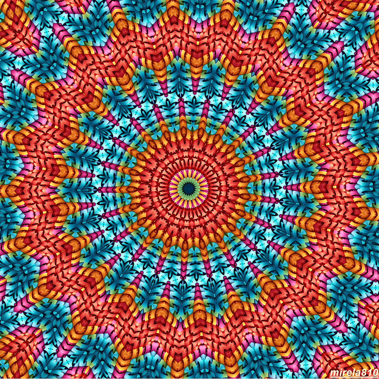 Colorful mandala with intricate geometric patterns in red, orange, blue, and turquoise radiating from center