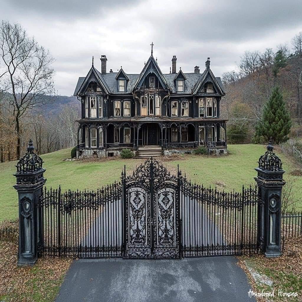 Front view of a dark, abandoned Victorian mansion with an ornate black iron gate and grassy lawn on a hill.