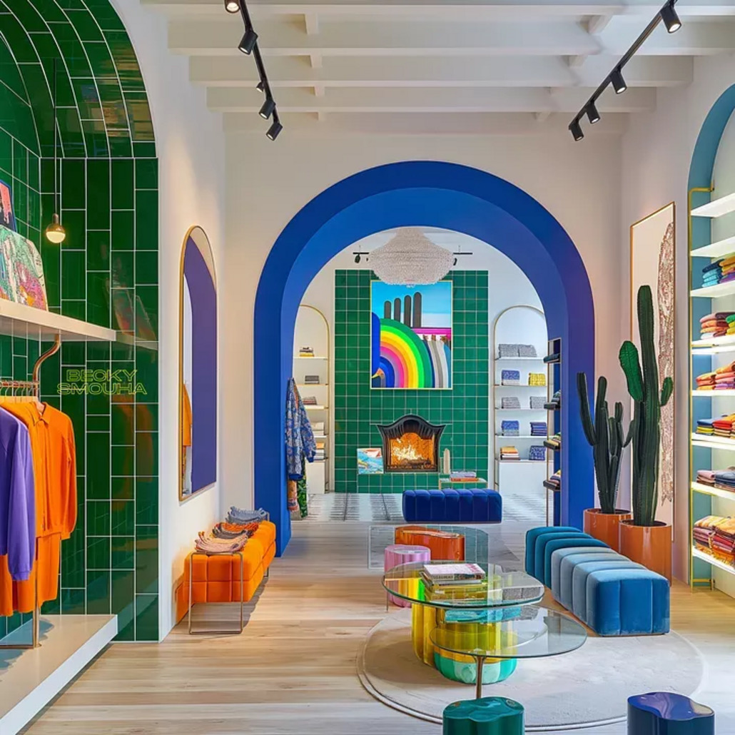 Colorful modern clothing store with blue arches, green tile walls, rainbow furniture and geometric art