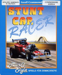 Stunt Car Racer video game box cover showing a race car on an elevated track with blue sky background