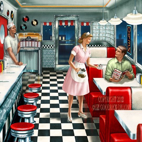 Vintage diner interior with waitress, customer, red booths, and checkered floor