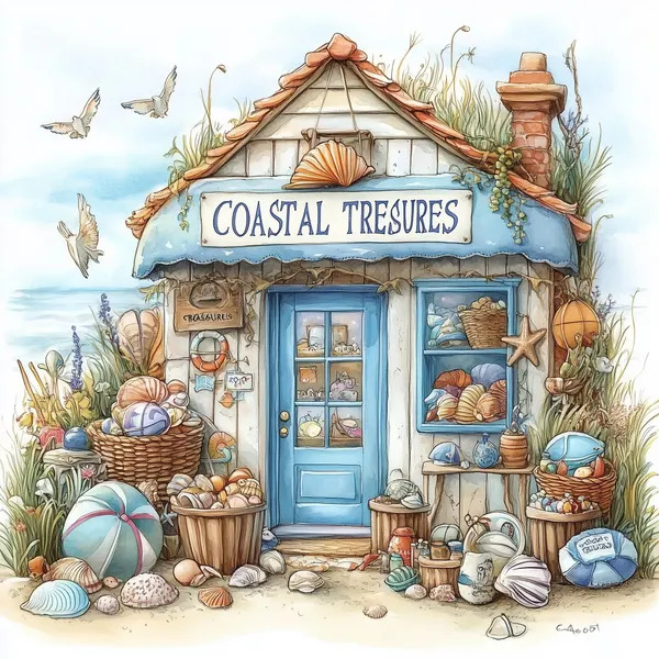 Illustrated seaside cottage with shells, baskets, and a Coastal Treasures sign