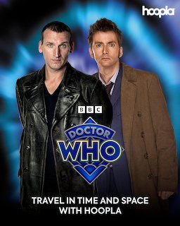 Two men in character as the Ninth and Tenth Doctors from Doctor Who against a blue vortex background