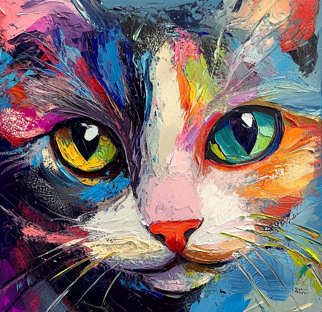 Colorful abstract oil painting of a cat with vibrant fur and bright contrasting eyes