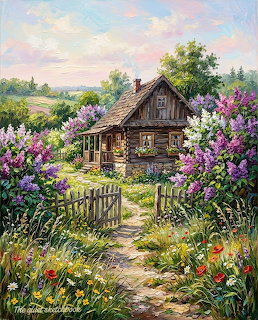 Painting of a wooden cottage with a garden path, wooden gate, and blooming flowers including lilacs and poppies