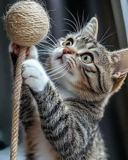 Tabby kitten with white paws reaching up to play with a jute ball on a scratching post
